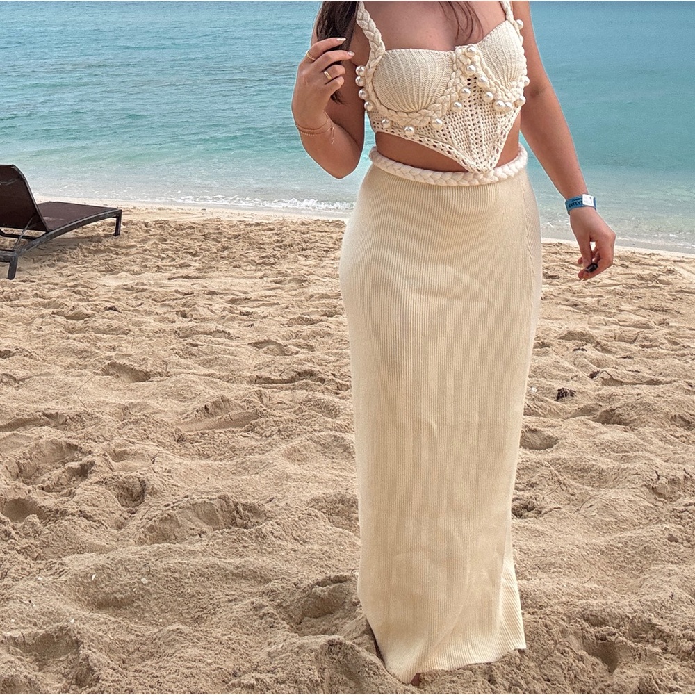 Cream Knit Two-Piece Set with Pearl Details - Picture 2 of 2